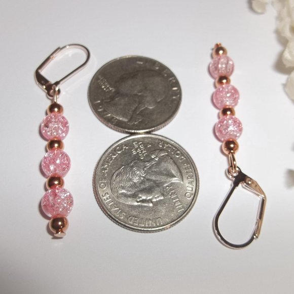 Earrings Rose Gold and Pink Dangle Drop Jewelry Gift Idea for Girl Woman 8122 - Picture 3 of 8